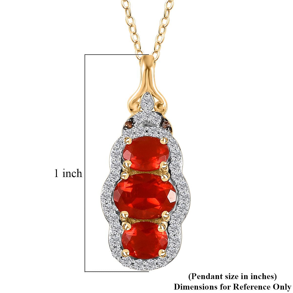 Crimson Fire Opal, Brown and White Zircon Triple Halo Pendant Necklace (20 Inches) in Vermeil YG Over Sterling Silver