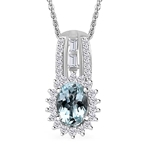 Premium Mangoro Aquamarine, White Zircon Sunburst Pendant Necklace (20 Inches) in Platinum Over Sterling Silver