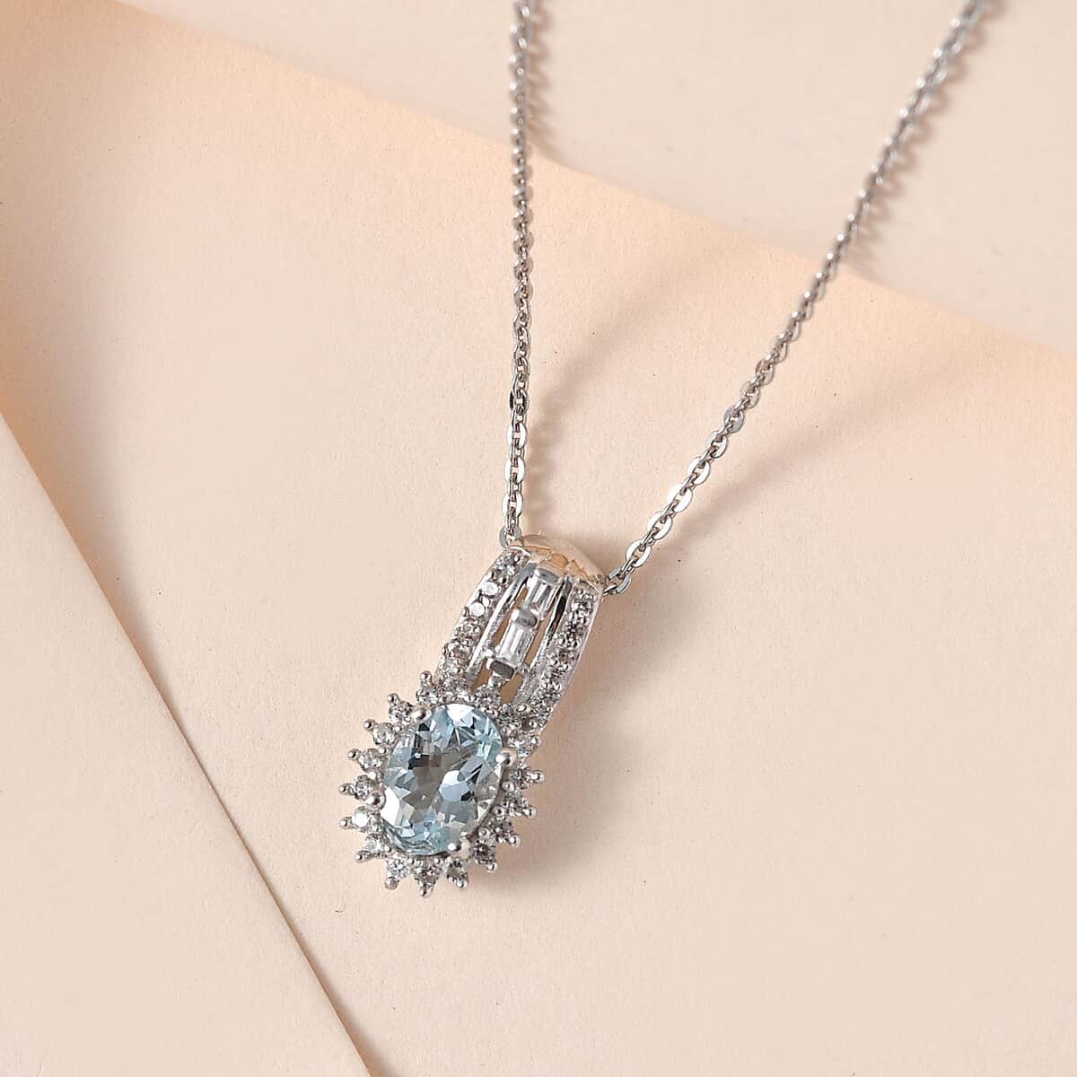 Premium Mangoro Aquamarine, White Zircon Sunburst Pendant Necklace (20 Inches) in Platinum Over Sterling Silver image number 1