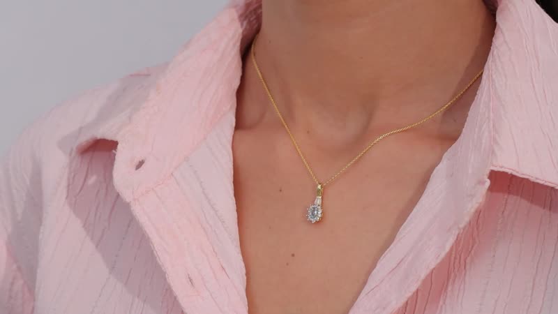 Premium Santa Maria Aquamarine, White Zircon Halo Pendant Necklace (20 Inches) in Vermeil YG Over Sterling Silver