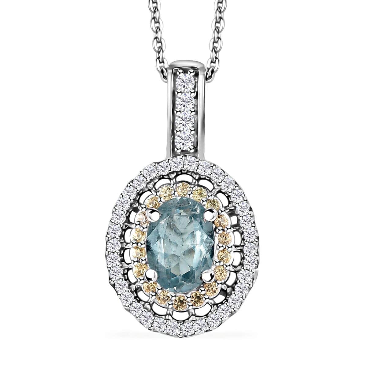 Premium Aqua Kyanite, Multi Gemstone Double Halo Pendant Necklace (20 Inches) in Platinum Over Sterling Silver image number 0