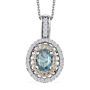 Premium Aqua Kyanite, Multi Gemstone Double Halo Pendant Necklace (20 Inches) in Platinum Over Sterling Silver