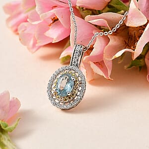 Premium Aqua Kyanite, Multi Gemstone Double Halo Pendant Necklace (20 Inches) in Platinum Over Sterling Silver