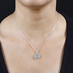 Premium Aqua Kyanite, Multi Gemstone Double Halo Pendant Necklace (20 Inches) in Platinum Over Sterling Silver