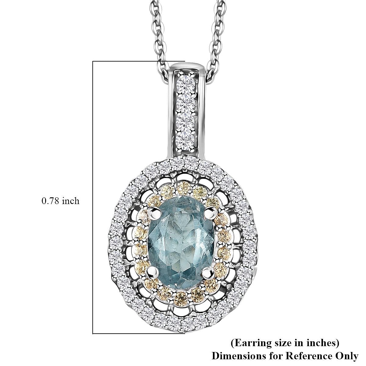 Premium Aqua Kyanite, Multi Gemstone Double Halo Pendant Necklace (20 Inches) in Platinum Over Sterling Silver