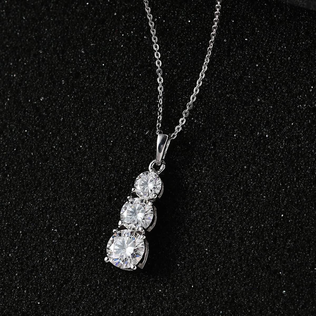 One Time Only Moissanite (Rnd 7mm) 3 Stone Pendant Necklace (20 Inches) in Platinum Over Sterling Silver 2.40 ctw image number 1