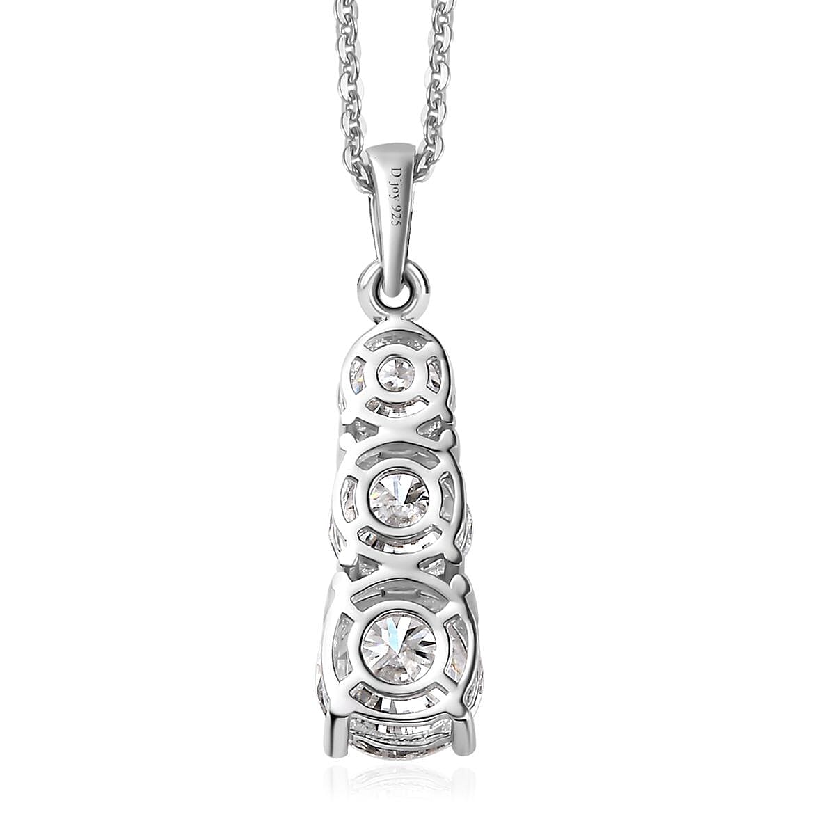 Moissanite 3 Stone Pendant Necklace 20 Inches in Platinum Over Sterling Silver 2.40 ctw