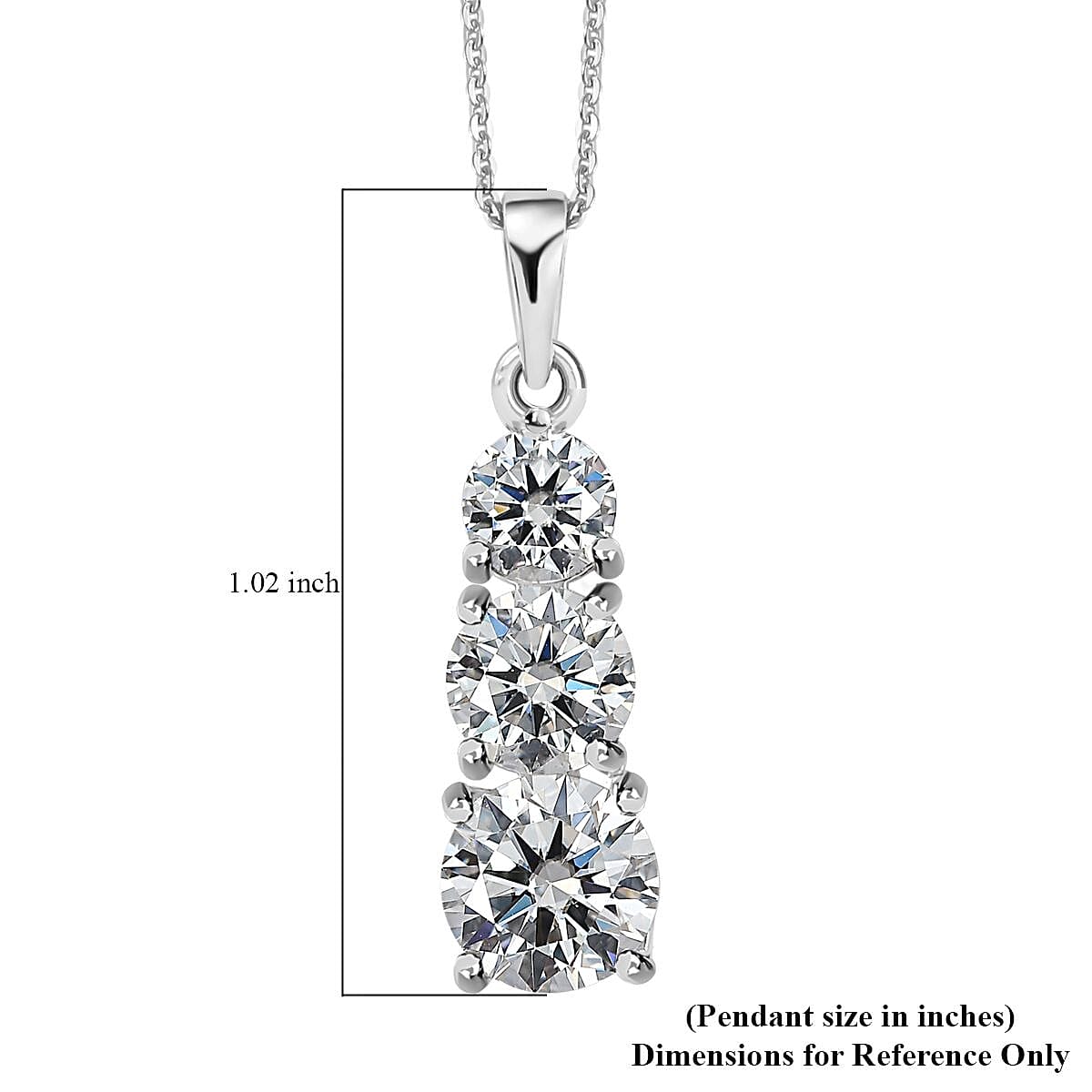 Moissanite 3 Stone Pendant Necklace 20 Inches in Platinum Over Sterling Silver 2.40 ctw