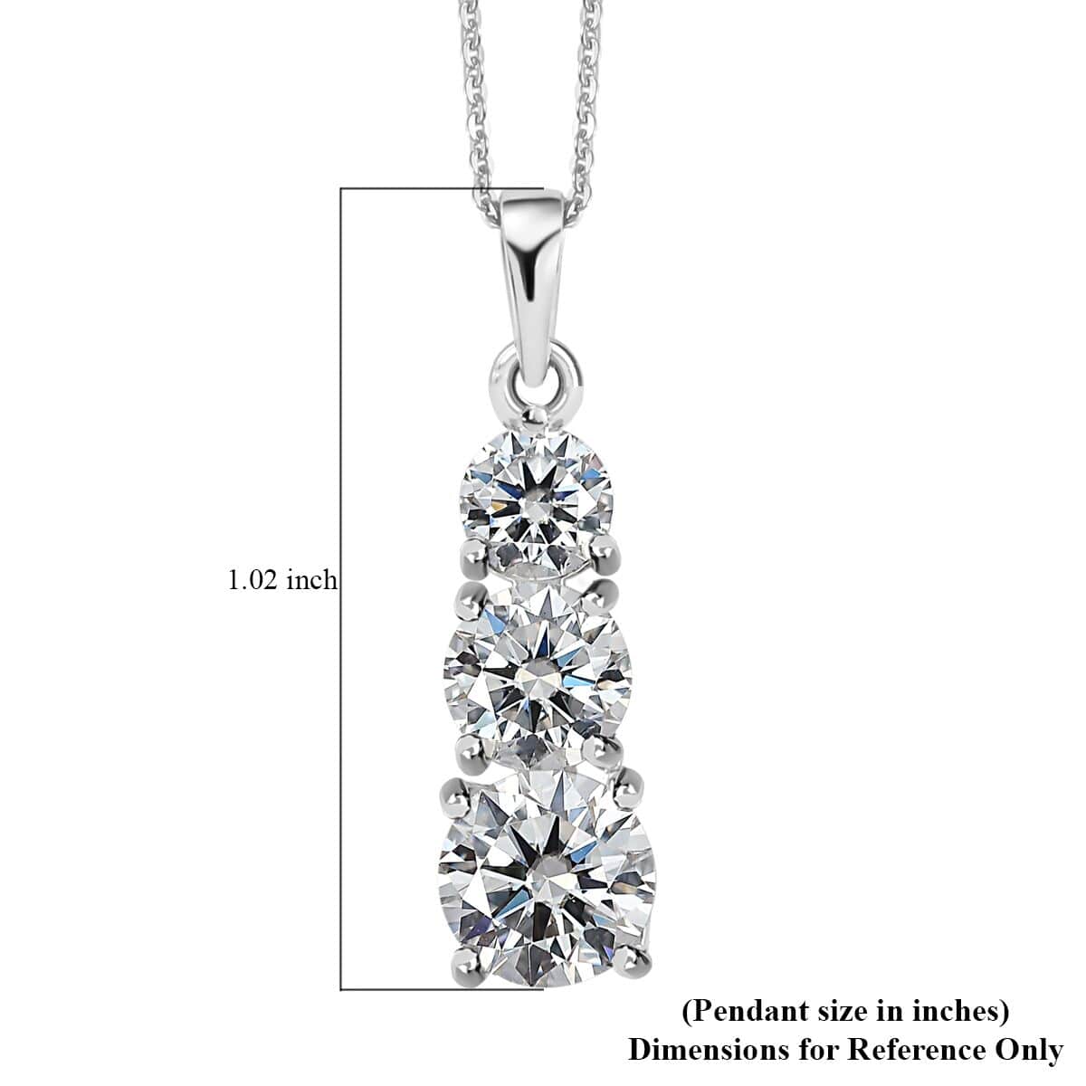 One Time Only Moissanite (Rnd 7mm) 3 Stone Pendant Necklace (20 Inches) in Platinum Over Sterling Silver 2.40 ctw image number 6