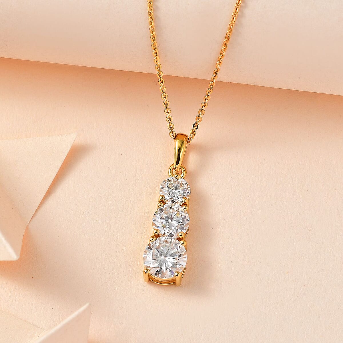 Moissanite 3 Stone Pendant Necklace 20 Inches in Vermeil Yellow Gold Over Sterling Silver 2.40 ctw image number 1