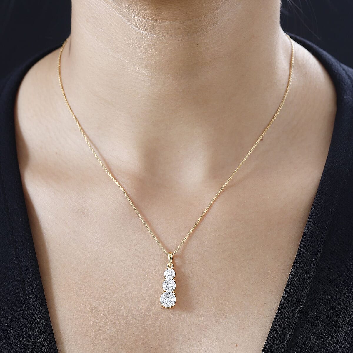Moissanite 3 Stone Pendant Necklace 20 Inches in Vermeil Yellow Gold Over Sterling Silver 2.40 ctw image number 3
