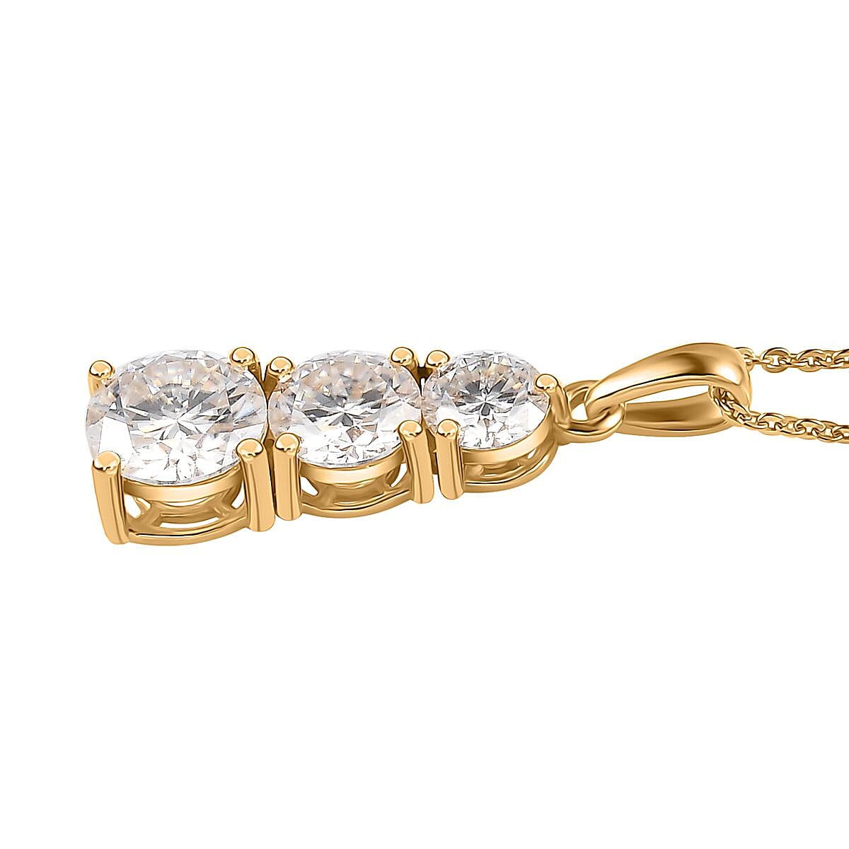 Moissanite 3 Stone Pendant Necklace 20 Inches in Vermeil Yellow Gold Over Sterling Silver 2.40 ctw image number 4