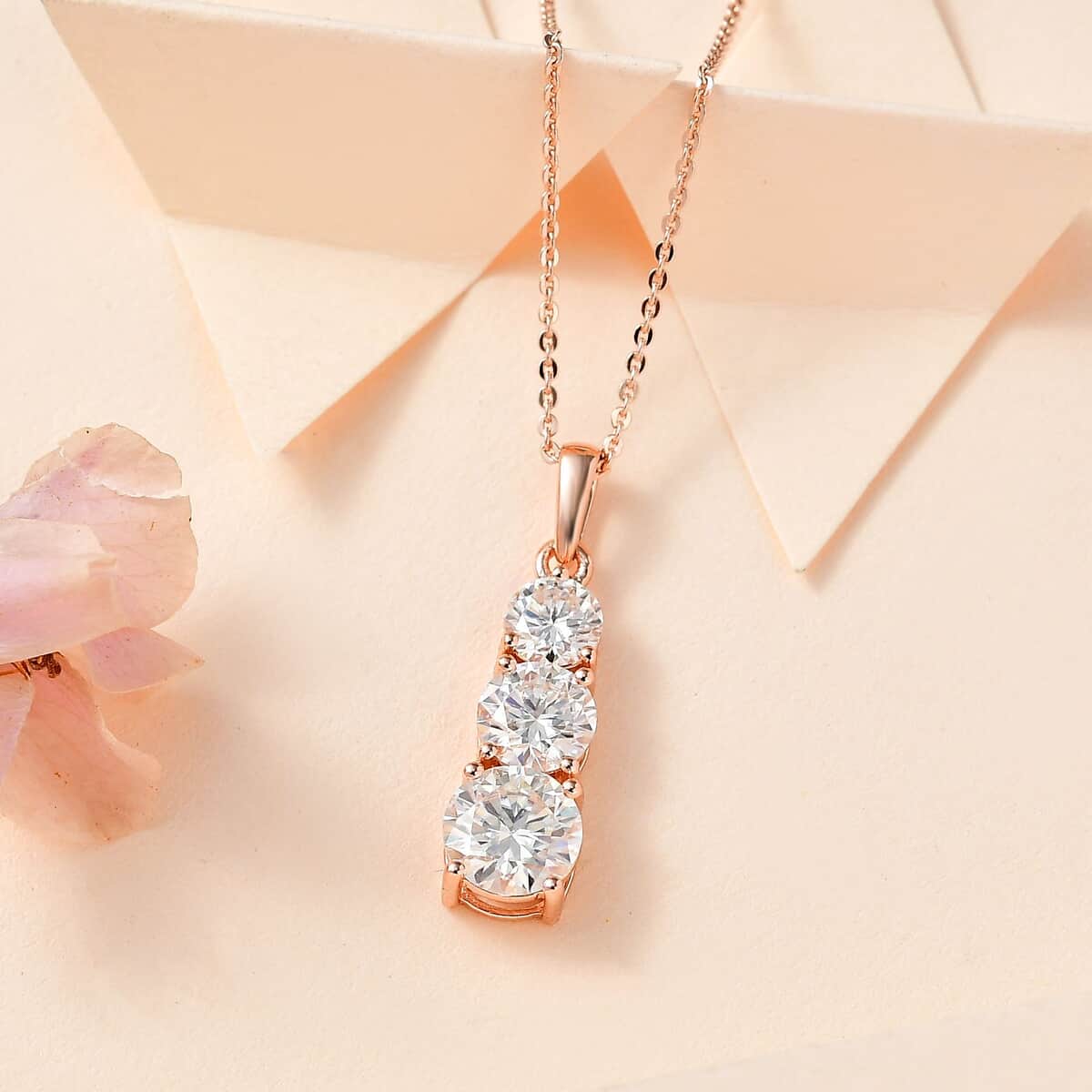Moissanite 3 Stone Pendant Necklace 20 Inches in Vermeil Rose Gold Over Sterling Silver 2.40 ctw image number 1