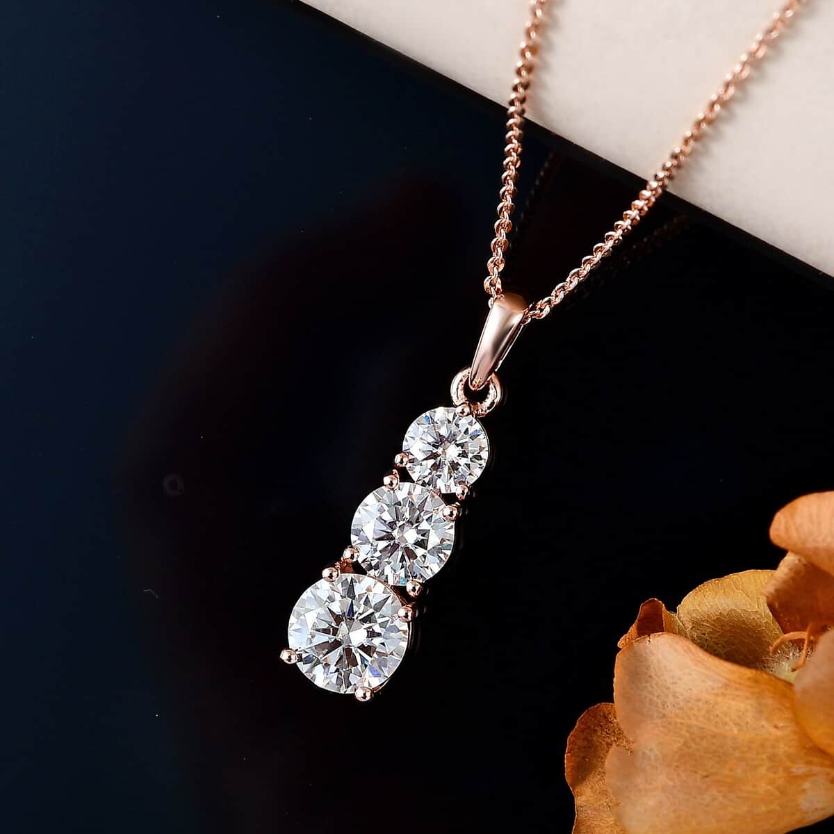 Moissanite 3 Stone Pendant Necklace 20 Inches in Vermeil Rose Gold Over Sterling Silver 2.40 ctw image number 2