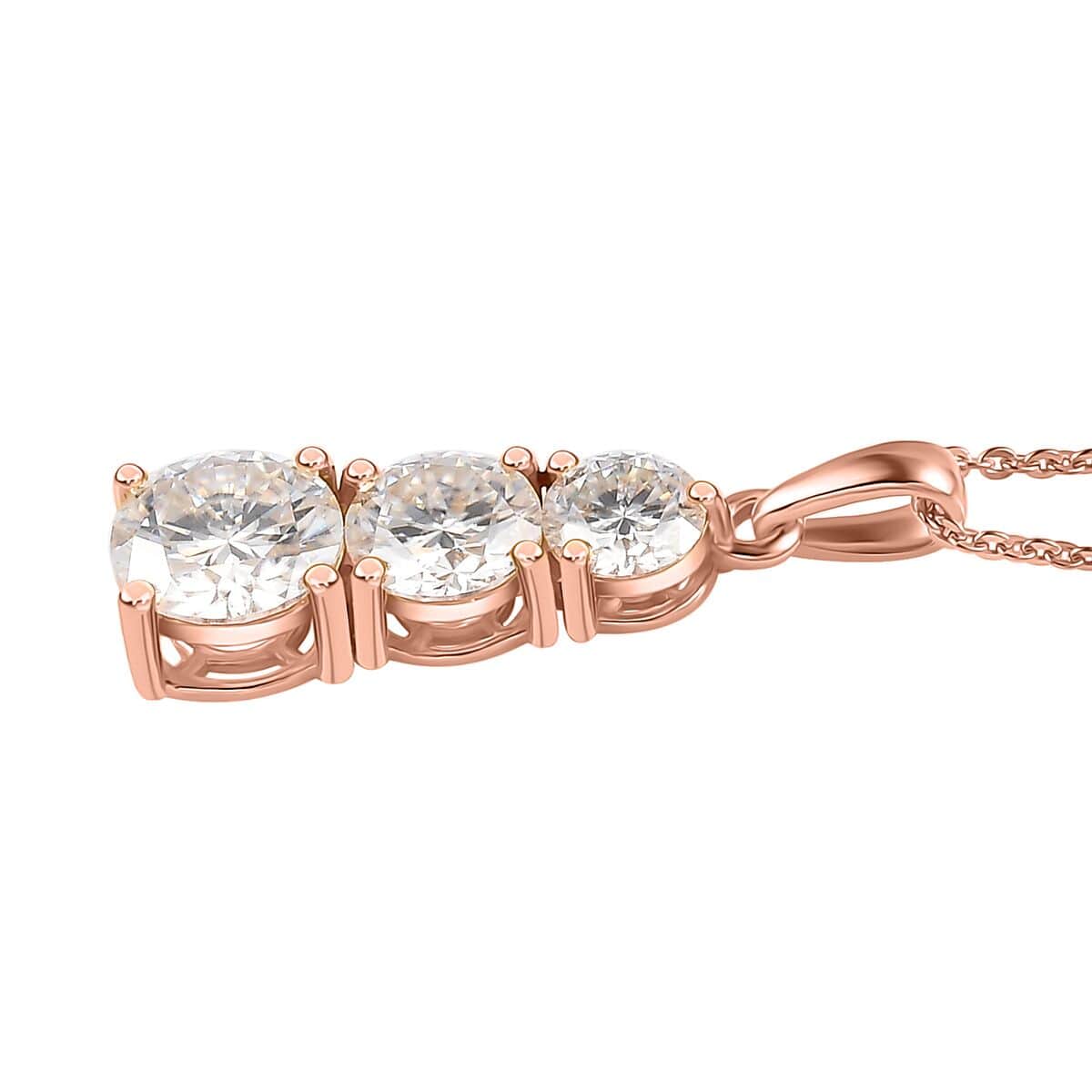 Moissanite 3 Stone Pendant Necklace 20 Inches in Vermeil Rose Gold Over Sterling Silver 2.40 ctw image number 4