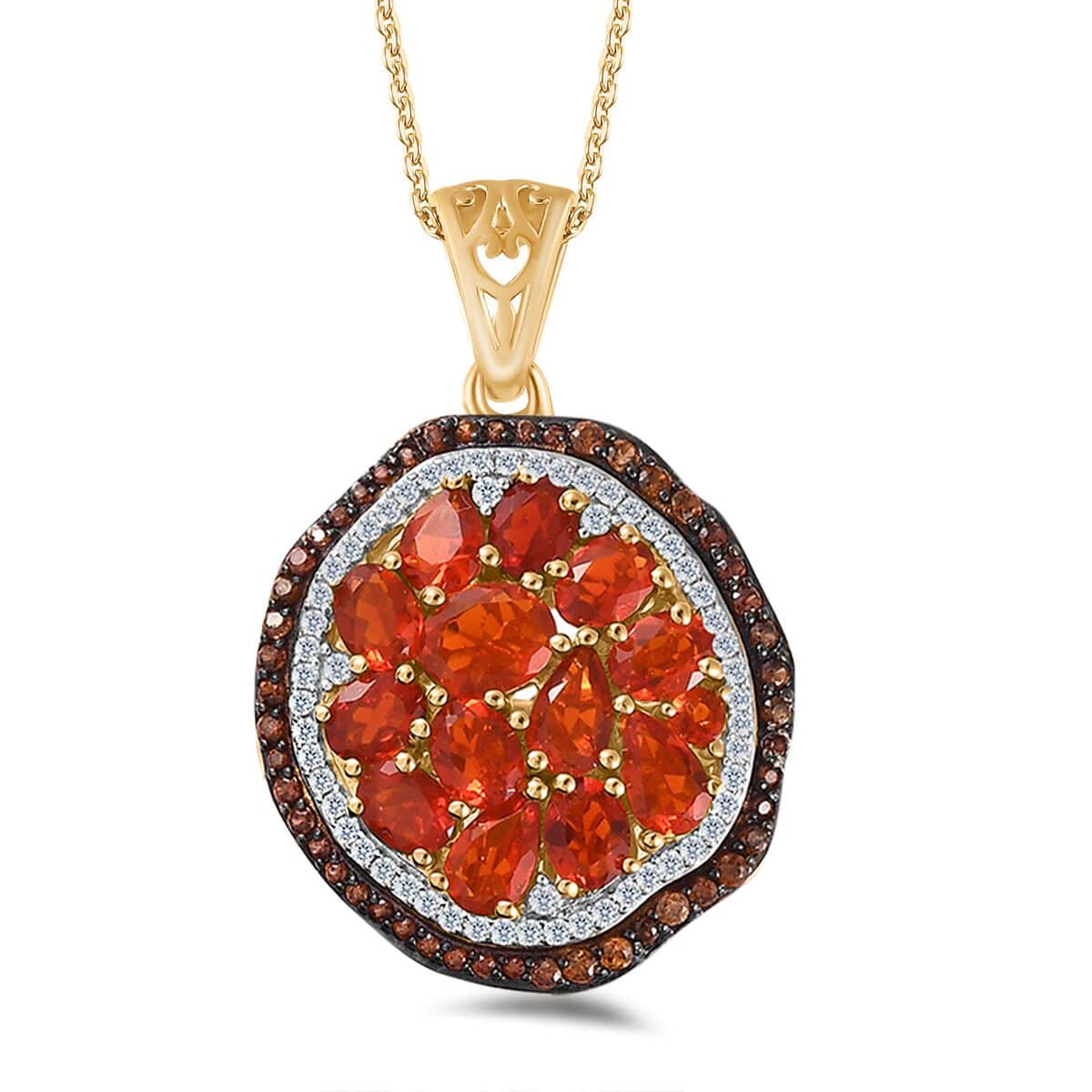 Crimson Fire Opal, Brown and White Zircon Pendant Necklace (20 Inches) in Vermeil YG Over Sterling Silver image number 0
