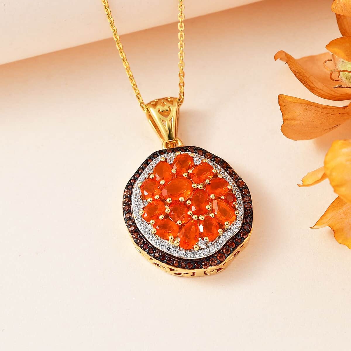 Crimson Fire Opal, Brown and White Zircon Pendant Necklace (20 Inches) in Vermeil YG Over Sterling Silver image number 1