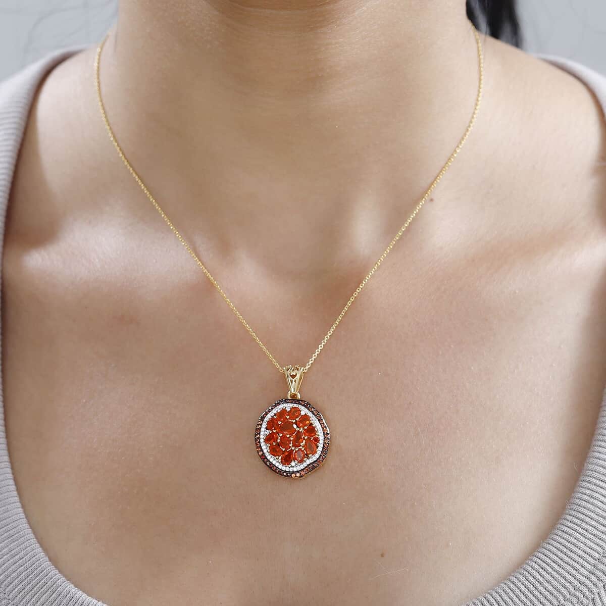 Crimson Fire Opal, Brown and White Zircon Pendant Necklace (20 Inches) in Vermeil YG Over Sterling Silver image number 2