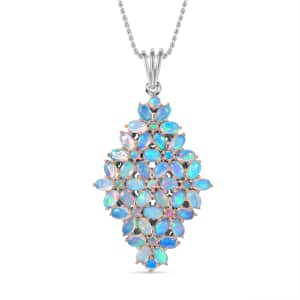 Premium Ethiopian Welo Opal Elongated Floral Pendant Necklace 18 Inches in Platinum Over Sterling Silver 6.80 ctw