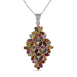 Multi-Tourmaline Elongated Floral Pendant Necklace 18 Inches in Platinum Over Sterling Silver 9.50 ctw