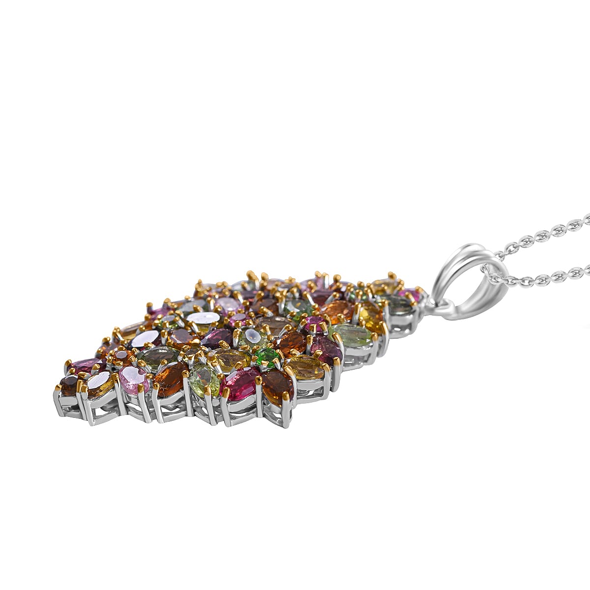 Multi-Tourmaline Elongated Floral Pendant Necklace 18 Inches in Platinum Over Sterling Silver 9.50 ctw image number 2