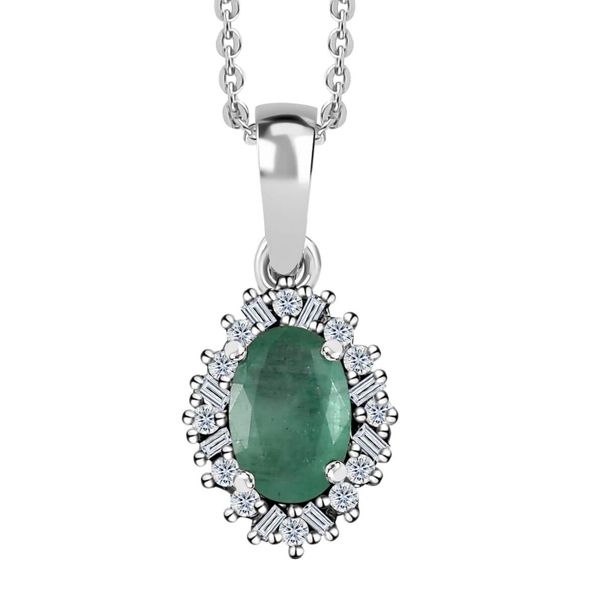 Kagem Zambian Emerald and Diamond Halo Pendant Necklace 20 Inches in Platinum Over Sterling Silver 0.50 ctw image number 0