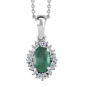 Kagem Zambian Emerald and Diamond Halo Pendant Necklace 20 Inches in Platinum Over Sterling Silver 0.50 ctw