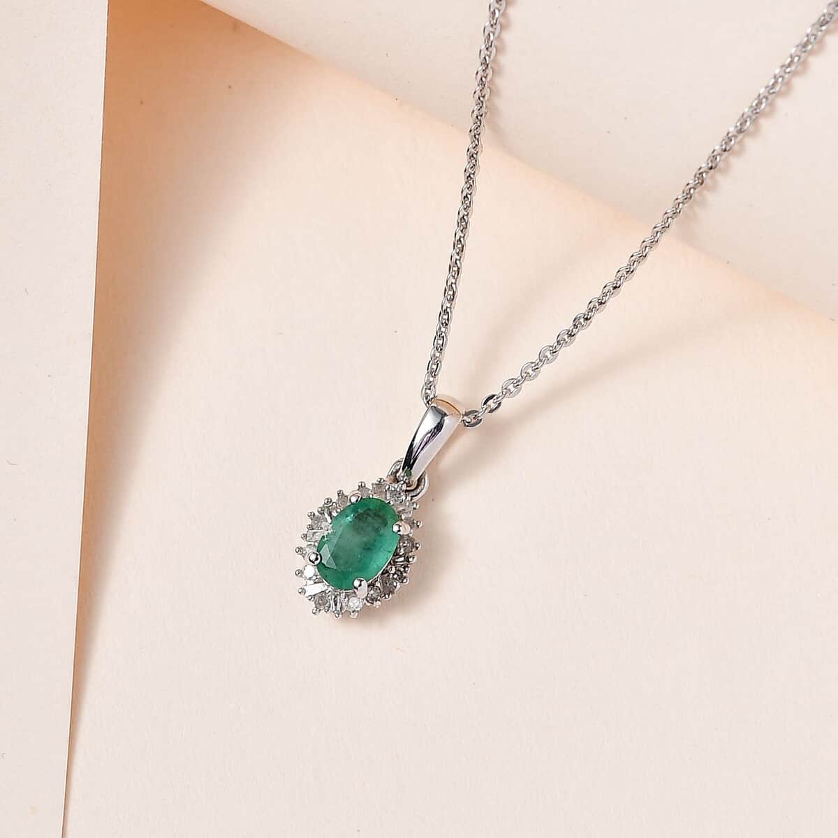 Kagem Zambian Emerald and Diamond Halo Pendant Necklace 20 Inches in Platinum Over Sterling Silver 0.50 ctw image number 1