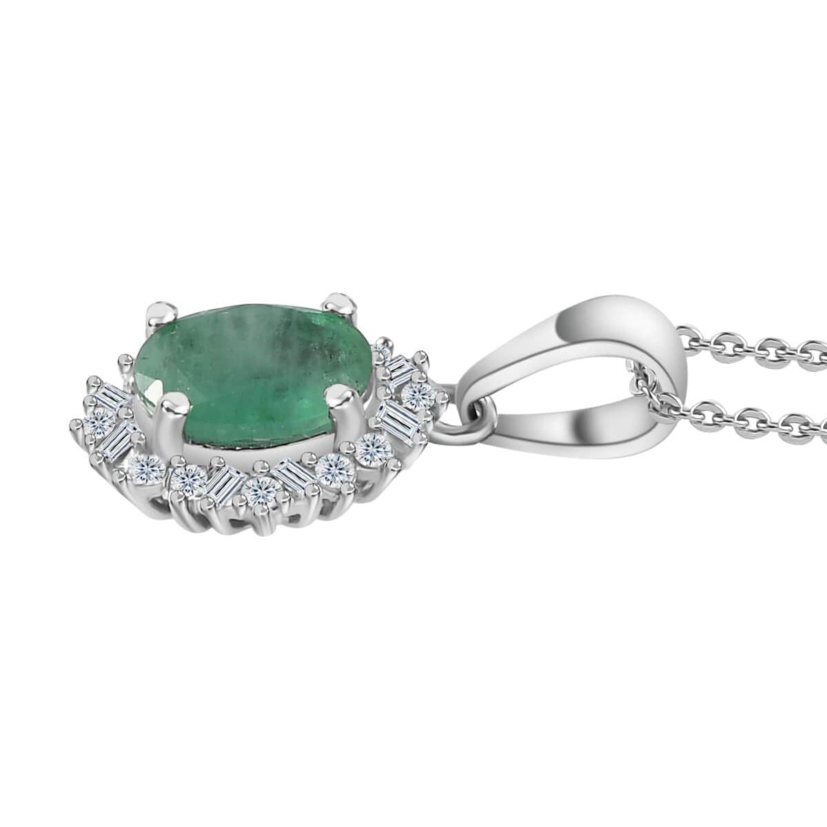 Kagem Zambian Emerald and Diamond Halo Pendant Necklace 20 Inches in Platinum Over Sterling Silver 0.50 ctw image number 3