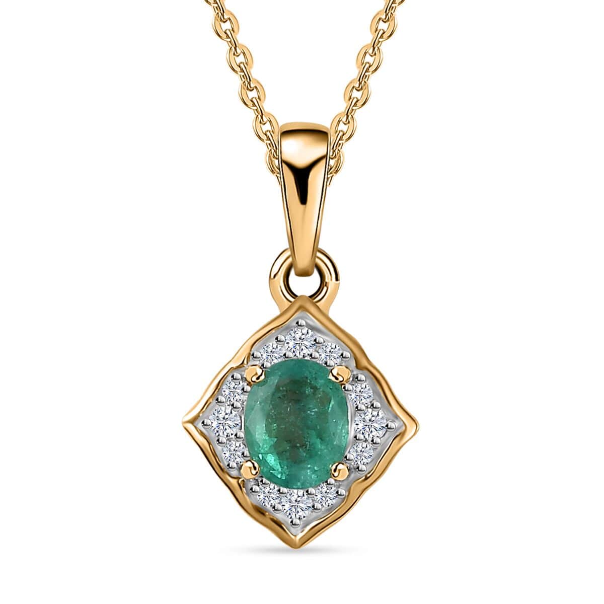 Kagem Zambian Emerald and White Zircon Pendant Necklace 20 Inches in Vermeil Yellow Gold Over Sterling Silver 0.50 ctw image number 0