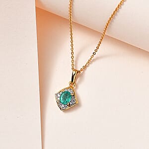 Kagem Zambian Emerald and White Zircon Pendant Necklace 20 Inches in Vermeil Yellow Gold Over Sterling Silver 0.50 ctw