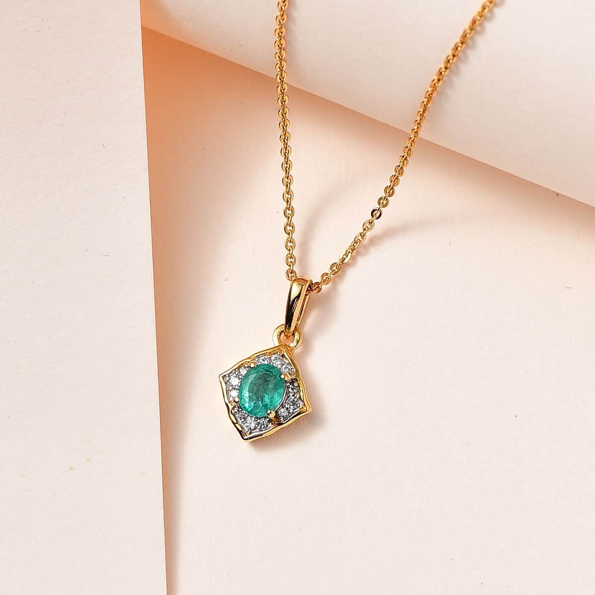 Kagem Zambian Emerald and White Zircon Pendant Necklace 20 Inches in Vermeil Yellow Gold Over Sterling Silver 0.50 ctw image number 1