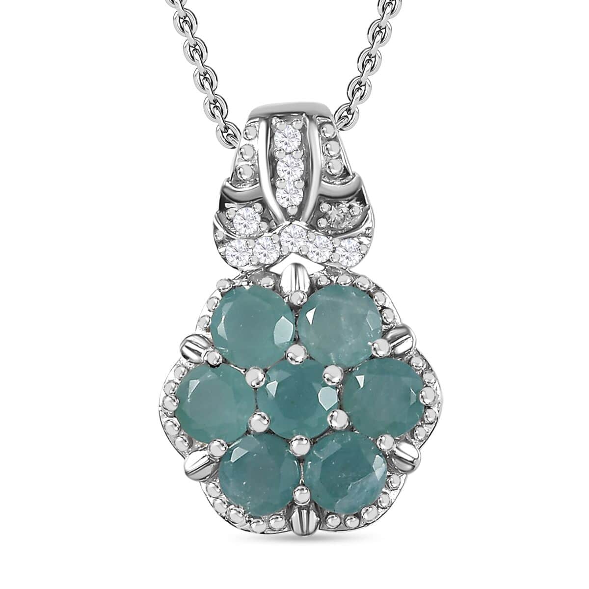 Premium Grandidierite and White Zircon Floral Pendant Necklace 20 Inches in Platinum Over Sterling Silver 1.50 ctw image number 0