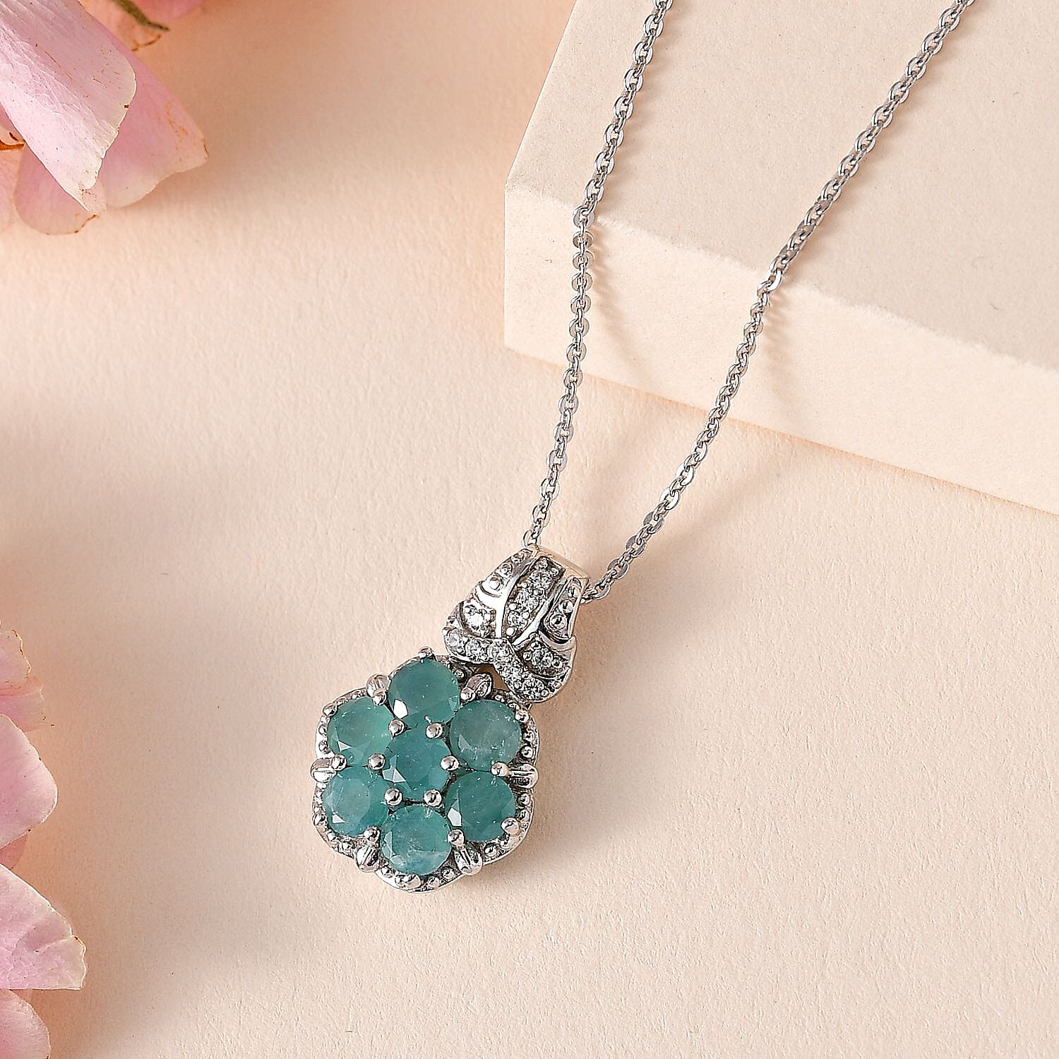 Premium Grandidierite and White Zircon Floral Pendant Necklace 20 Inches in Platinum Over Sterling Silver 1.50 ctw