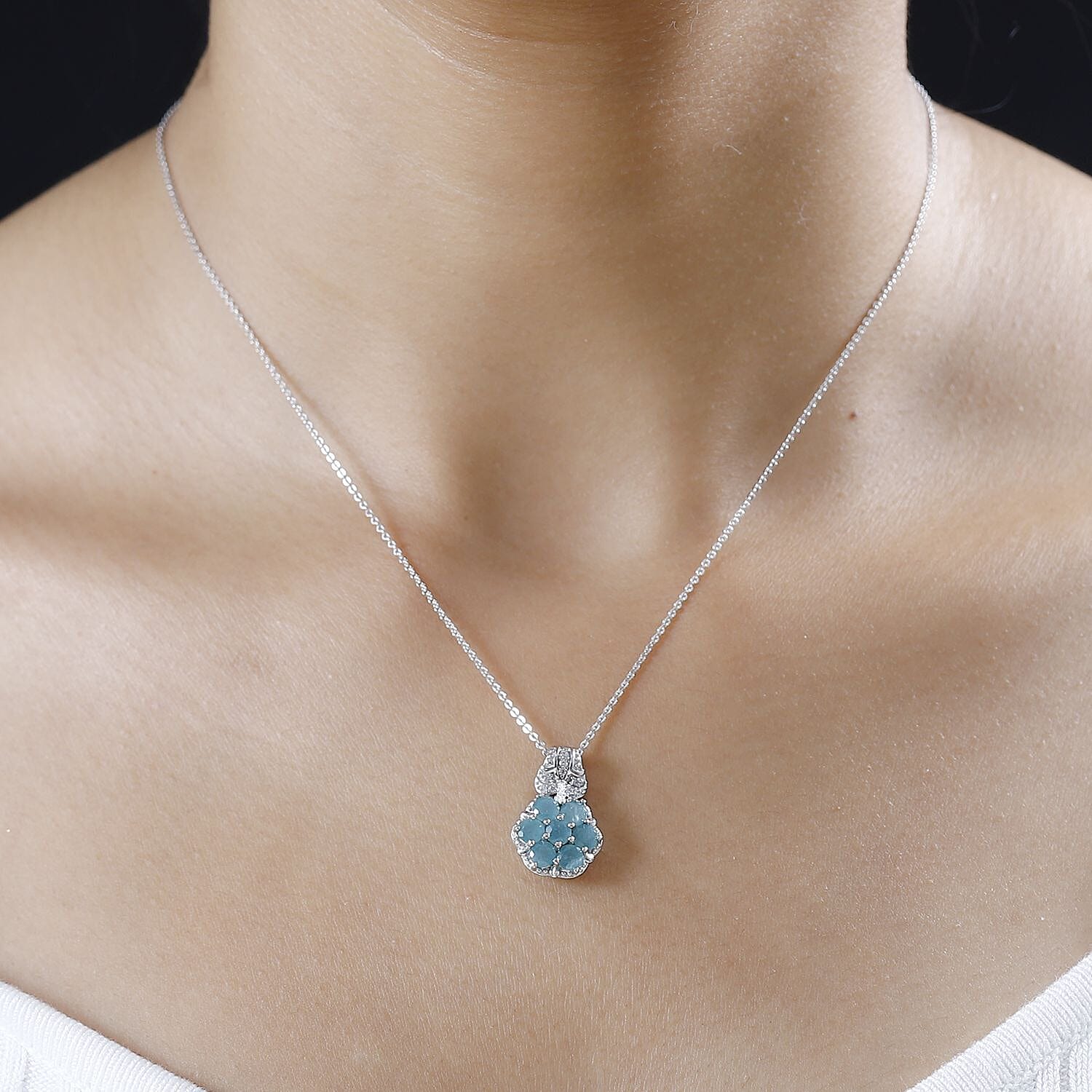 Premium Grandidierite and White Zircon Floral Pendant Necklace 20 Inches in Platinum Over Sterling Silver 1.50 ctw