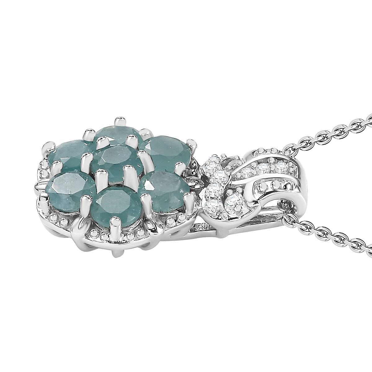 Premium Grandidierite and White Zircon Floral Pendant Necklace 20 Inches in Platinum Over Sterling Silver 1.50 ctw