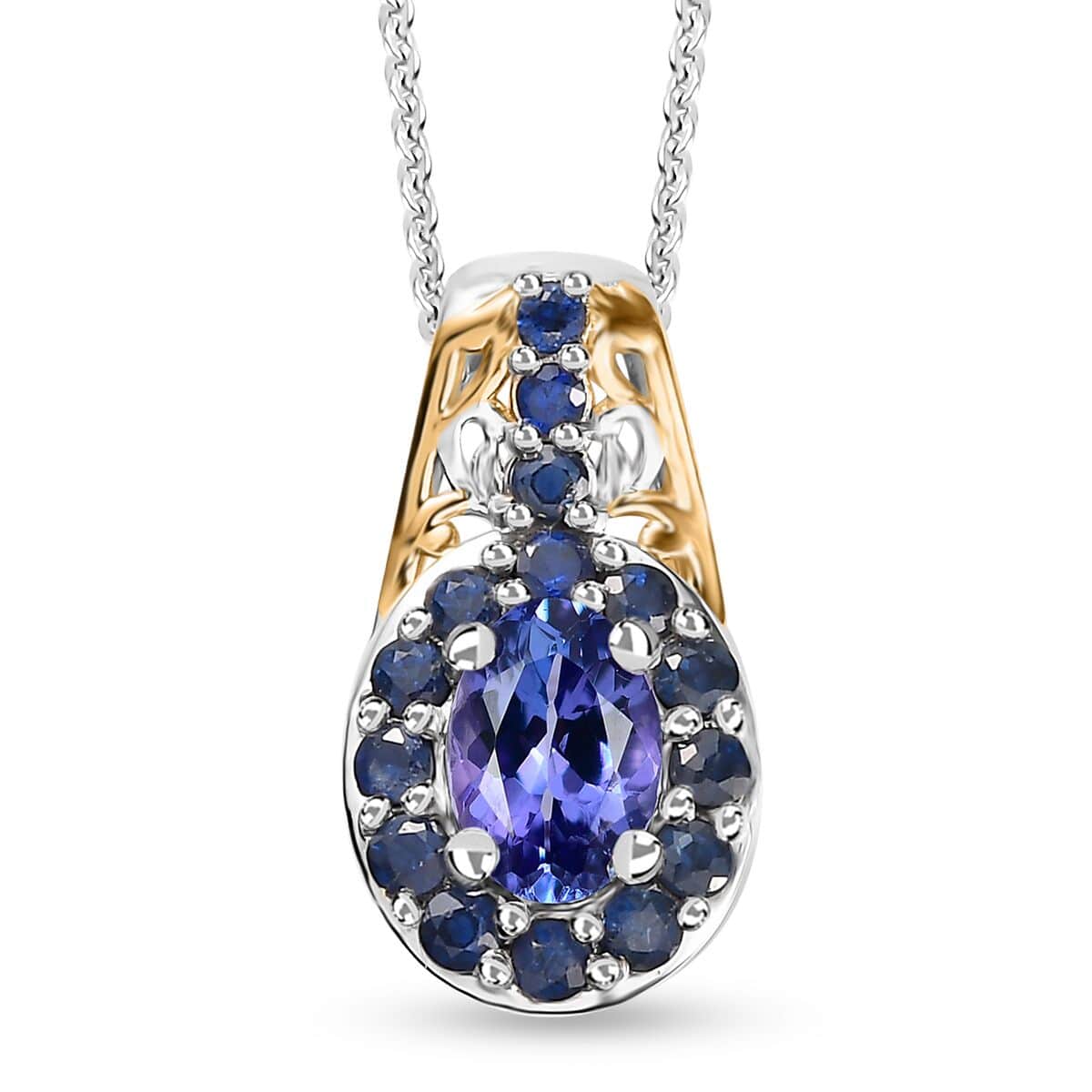 Tanzanite and Kanchanaburi Blue Sapphire Halo Pendant Necklace 20 Inches in Vermeil Yellow Gold and Platinum Over Sterling Silver 1.40 ctw image number 0