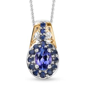 Tanzanite and Kanchanaburi Blue Sapphire Halo Pendant Necklace 20 Inches in Vermeil Yellow Gold and Platinum Over Sterling Silver 1.40 ctw
