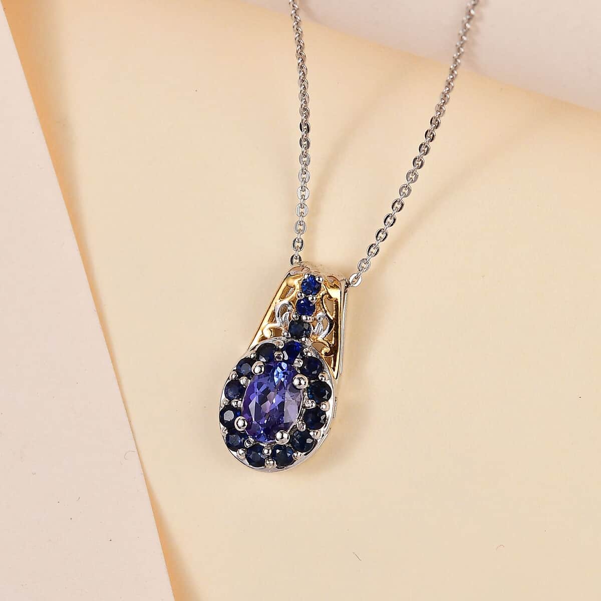 Tanzanite and Kanchanaburi Blue Sapphire Halo Pendant Necklace 20 Inches in Vermeil Yellow Gold and Platinum Over Sterling Silver 1.40 ctw image number 1