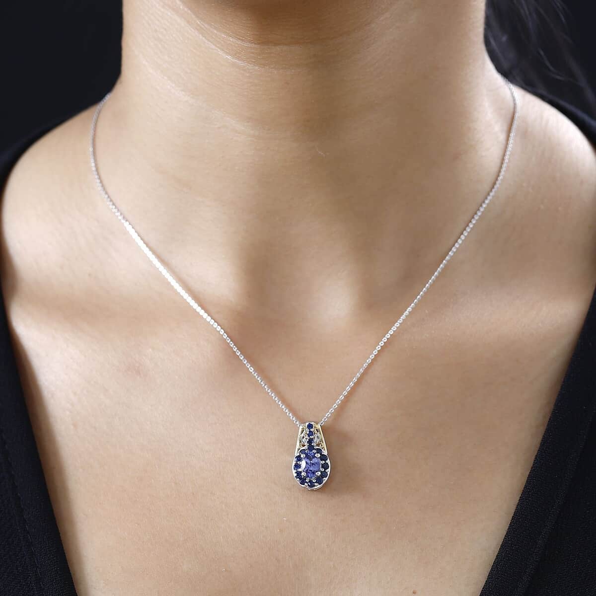 Tanzanite and Kanchanaburi Blue Sapphire Halo Pendant Necklace 20 Inches in Vermeil Yellow Gold and Platinum Over Sterling Silver 1.40 ctw image number 2