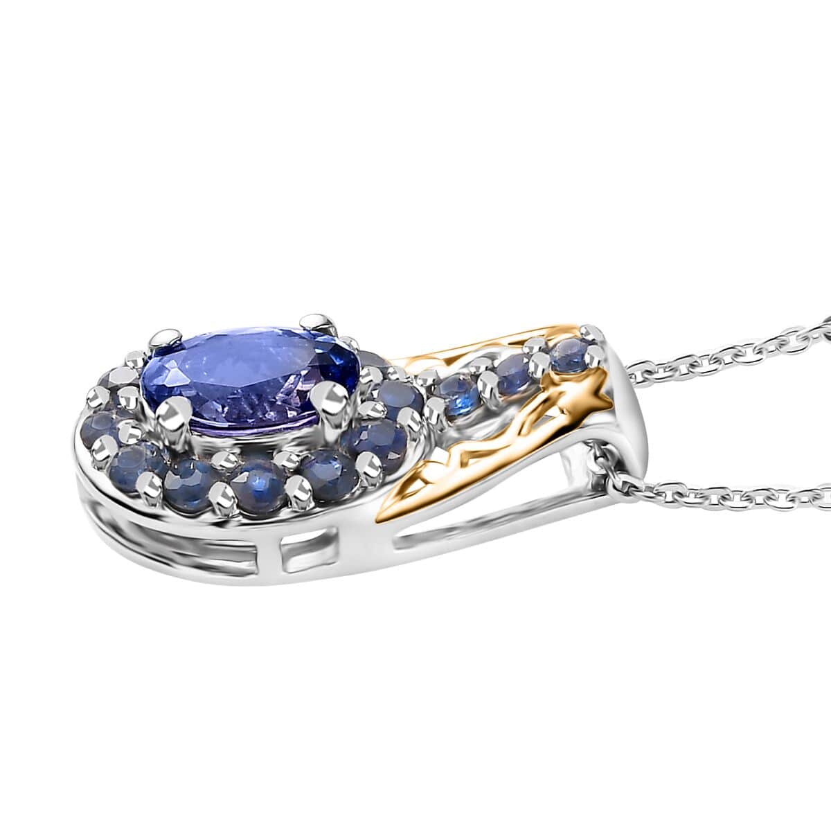 Tanzanite and Kanchanaburi Blue Sapphire Halo Pendant Necklace 20 Inches in Vermeil Yellow Gold and Platinum Over Sterling Silver 1.40 ctw image number 3