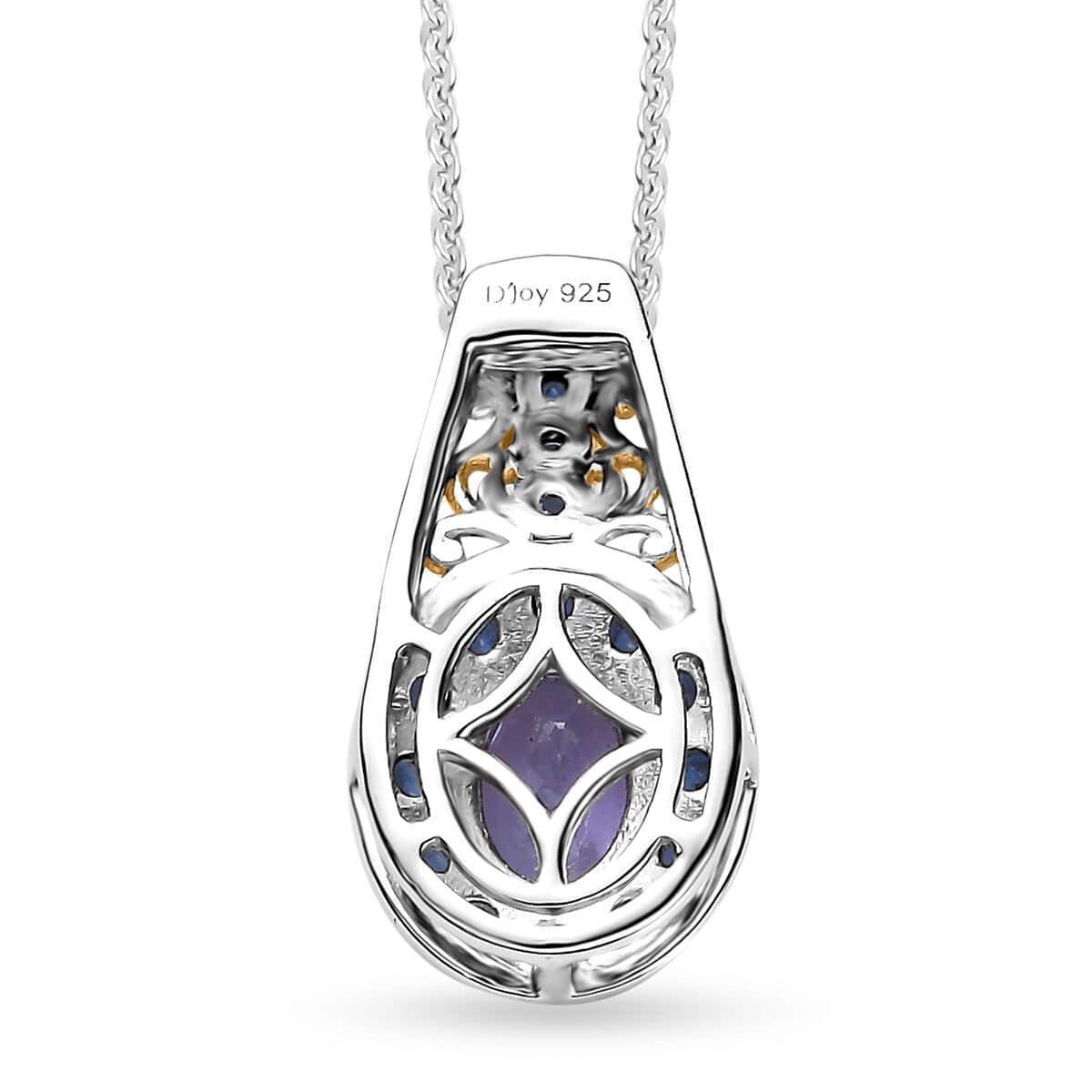 Tanzanite and Kanchanaburi Blue Sapphire Halo Pendant Necklace 20 Inches in Vermeil Yellow Gold and Platinum Over Sterling Silver 1.40 ctw image number 4