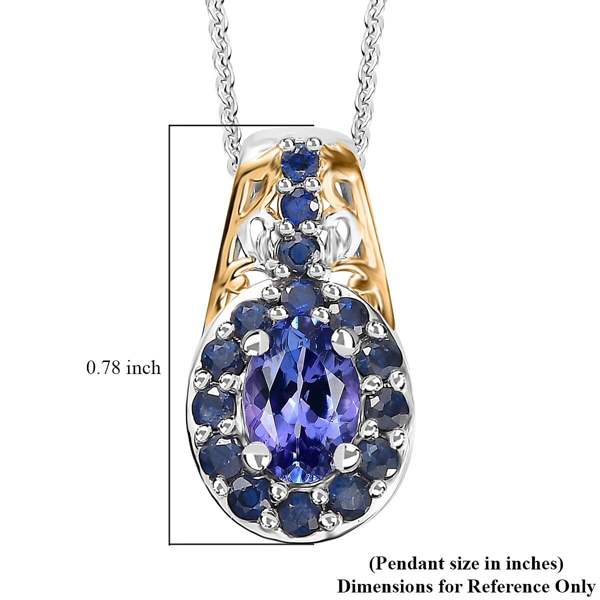 Tanzanite and Kanchanaburi Blue Sapphire Halo Pendant Necklace 20 Inches in Vermeil Yellow Gold and Platinum Over Sterling Silver 1.60 ctw