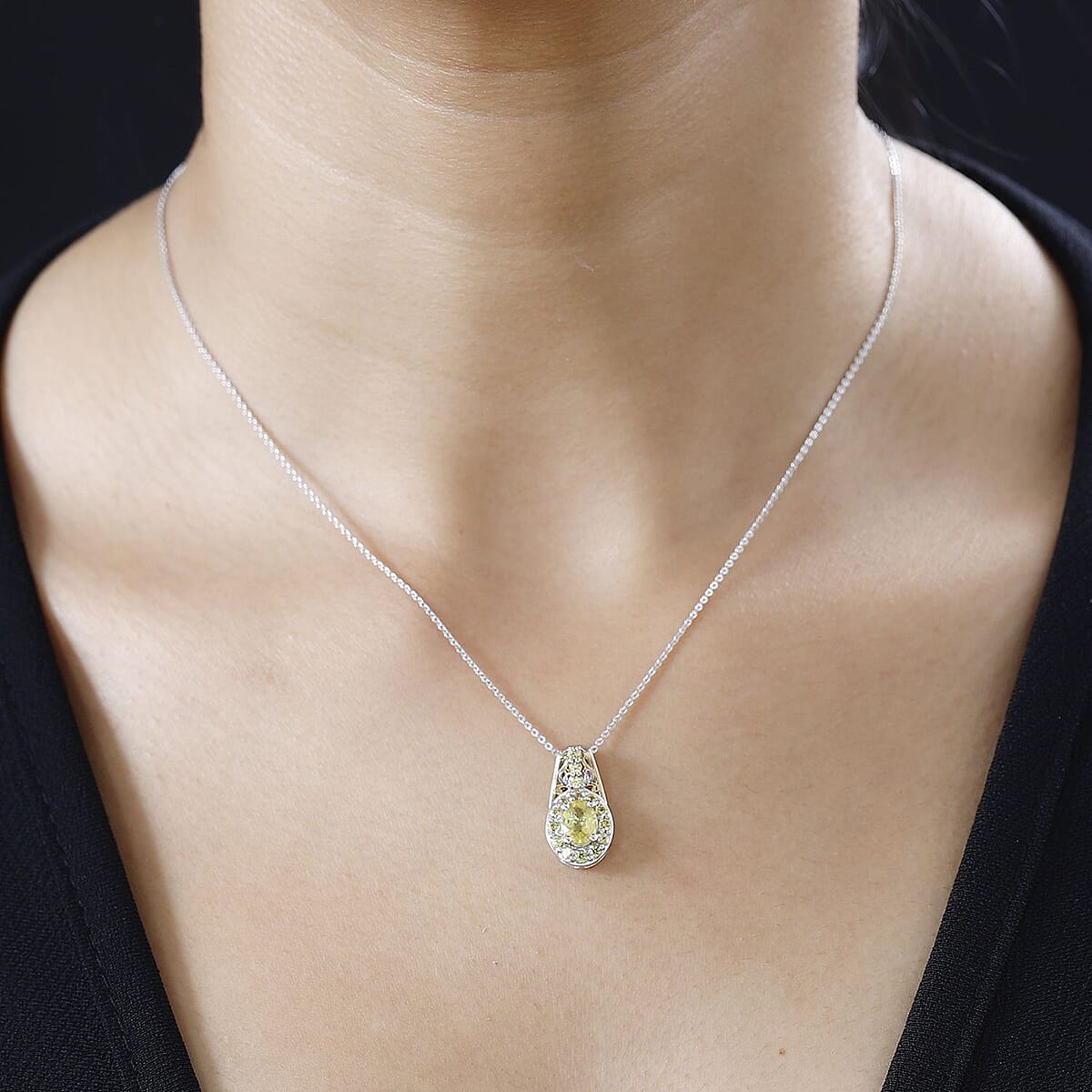 Madagascar Yellow Sapphire Halo Pendant Necklace 20 Inches in Vermeil Yellow Gold and Platinum Over Sterling Silver 1.60 ctw image number 2