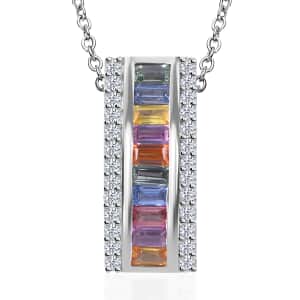 Multi Sapphire, White Zircon Pendant Necklace (18 Inches) in Platinum Over Sterling Silver