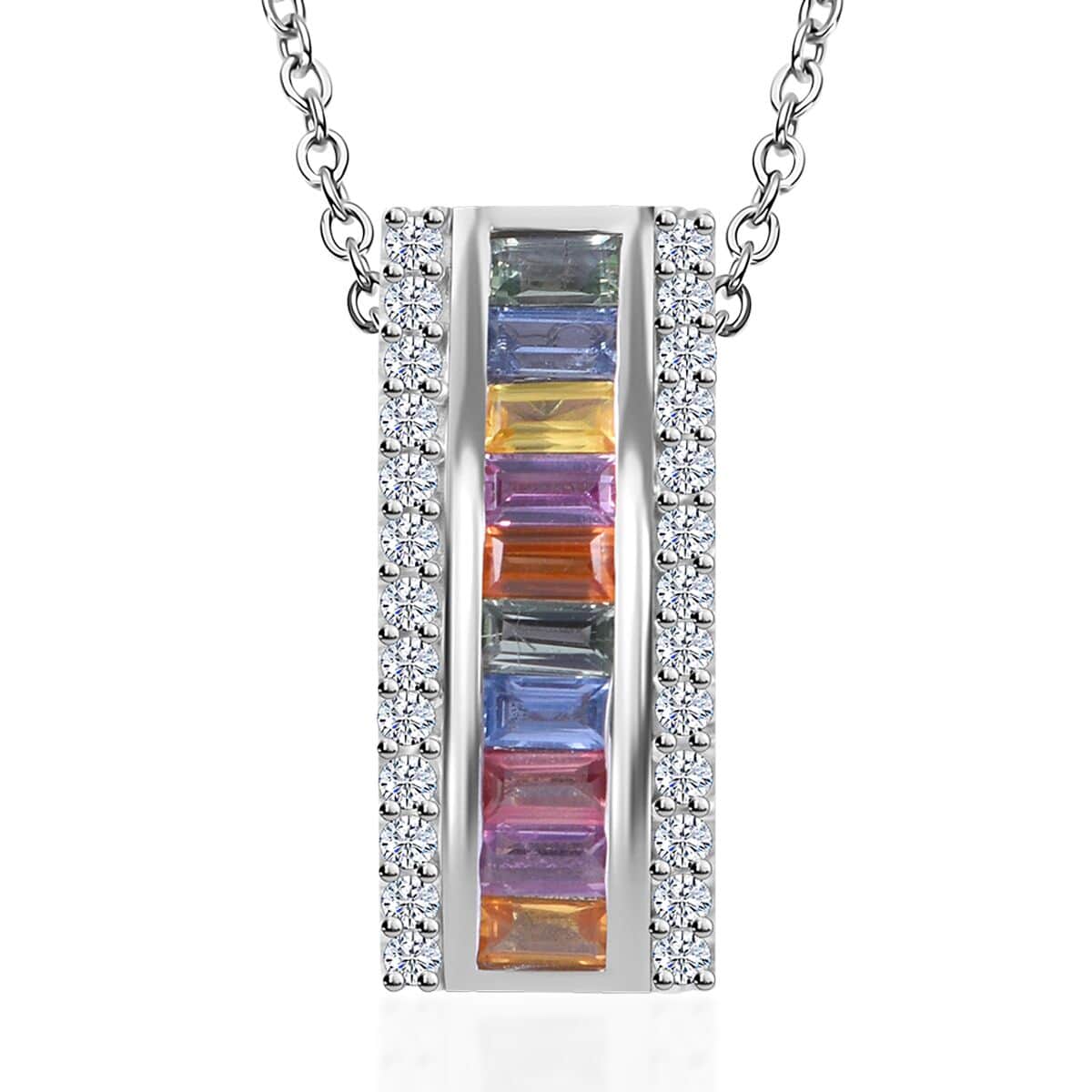 Multi Sapphire, White Zircon Pendant Necklace (18 Inches) in Platinum Over Sterling Silver image number 0