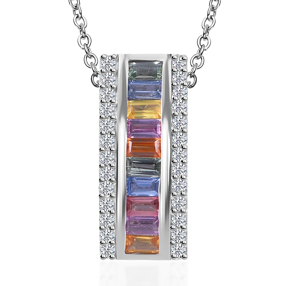 Multi Sapphire, White Zircon Pendant Necklace (18 Inches) in Platinum Over Sterling Silver image number 0