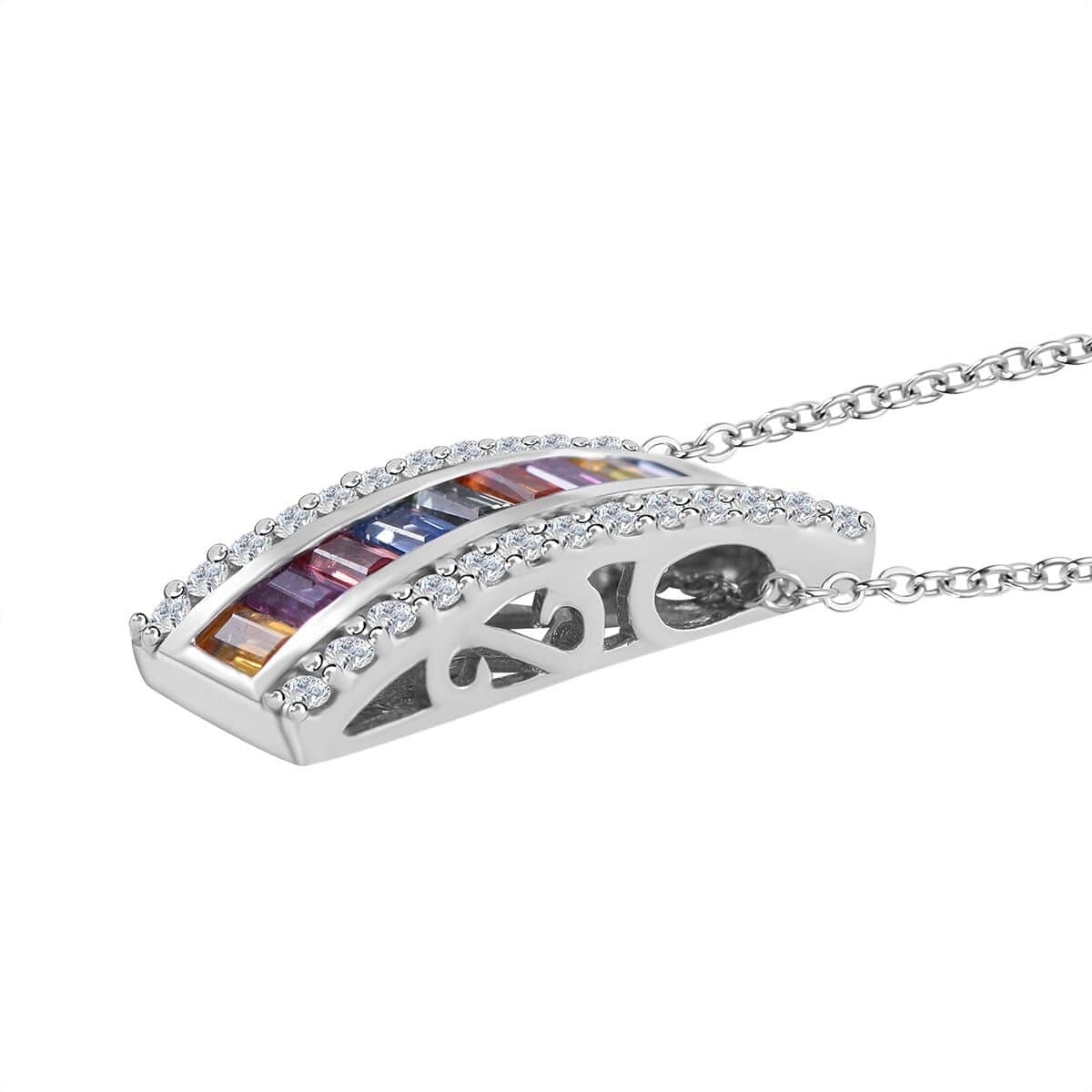Multi Sapphire, White Zircon Pendant Necklace (18 Inches) in Platinum Over Sterling Silver image number 2