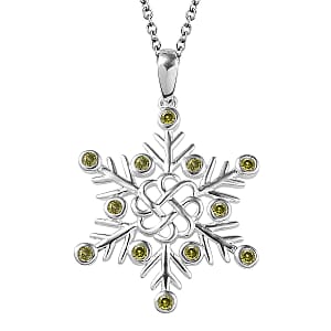 Simulated Peridot Color Diamond Snowflake Pendant in Sterling Silver with Stainless Steel Necklace 20 Inches 0.75 ctw