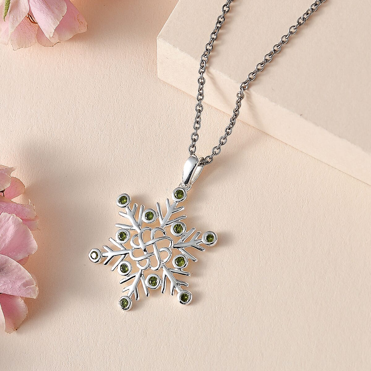 Simulated Peridot Color Diamond Snowflake Pendant in Sterling Silver with Stainless Steel Necklace 20 Inches 0.75 ctw image number 1
